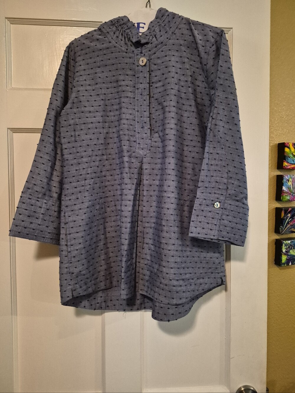 John Mark Blue Textured Dot Tunic Blouse With Pockets Size Medium
